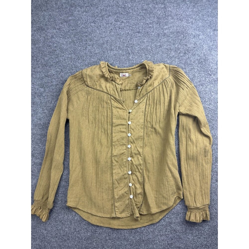Faherty Blouse Womens XS Yellow Ruffle V Neck Button Front Long‎ Sleeve Boho Top